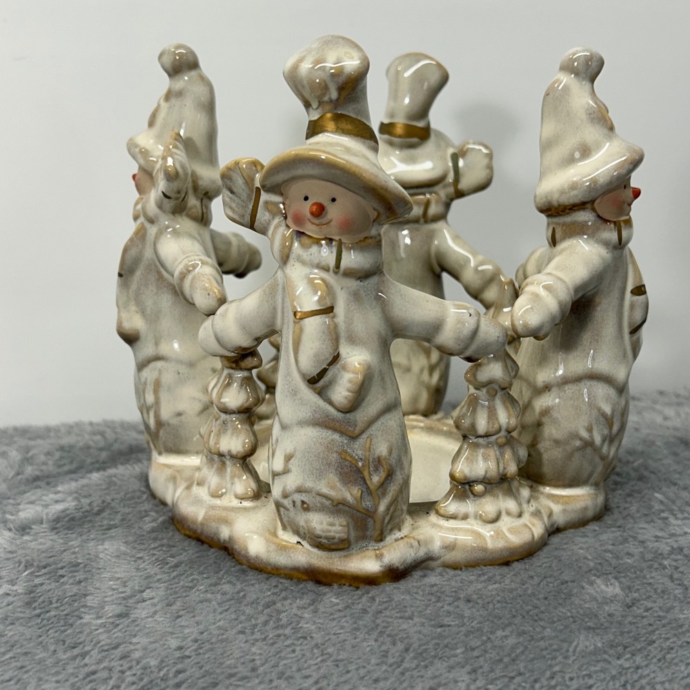 Ceramic Snowman Circle Candle Holder 4 Snowmen Christmas Winter Centerpiece